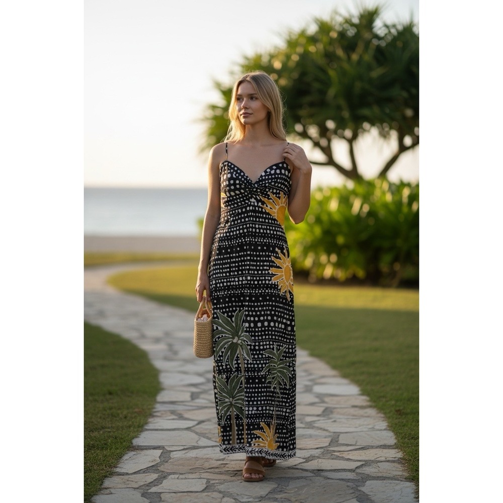 LOFT Beach Palm‎ Linen Cotton Cutout Twist Midi Dress Black Sz 10 Summer Resort